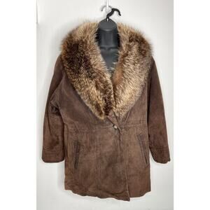 J. Percy For Marvin Richards Fur Collar Suede Leather Coat Brown Size XS Petite